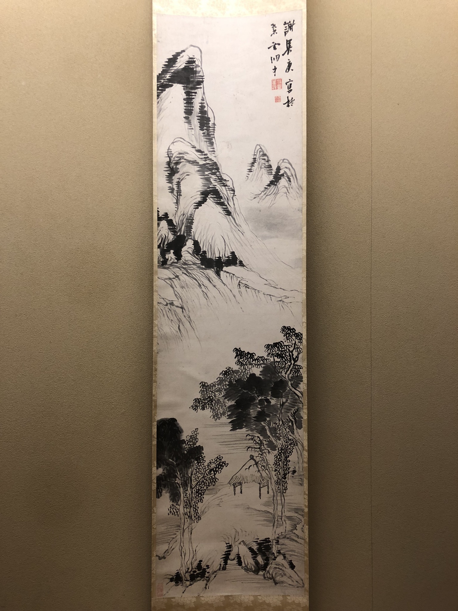 与謝蕪村 紙本 水墨画賛【枯山水 賛】茶掛軸一幅 自題箱 落款印譜在 367-