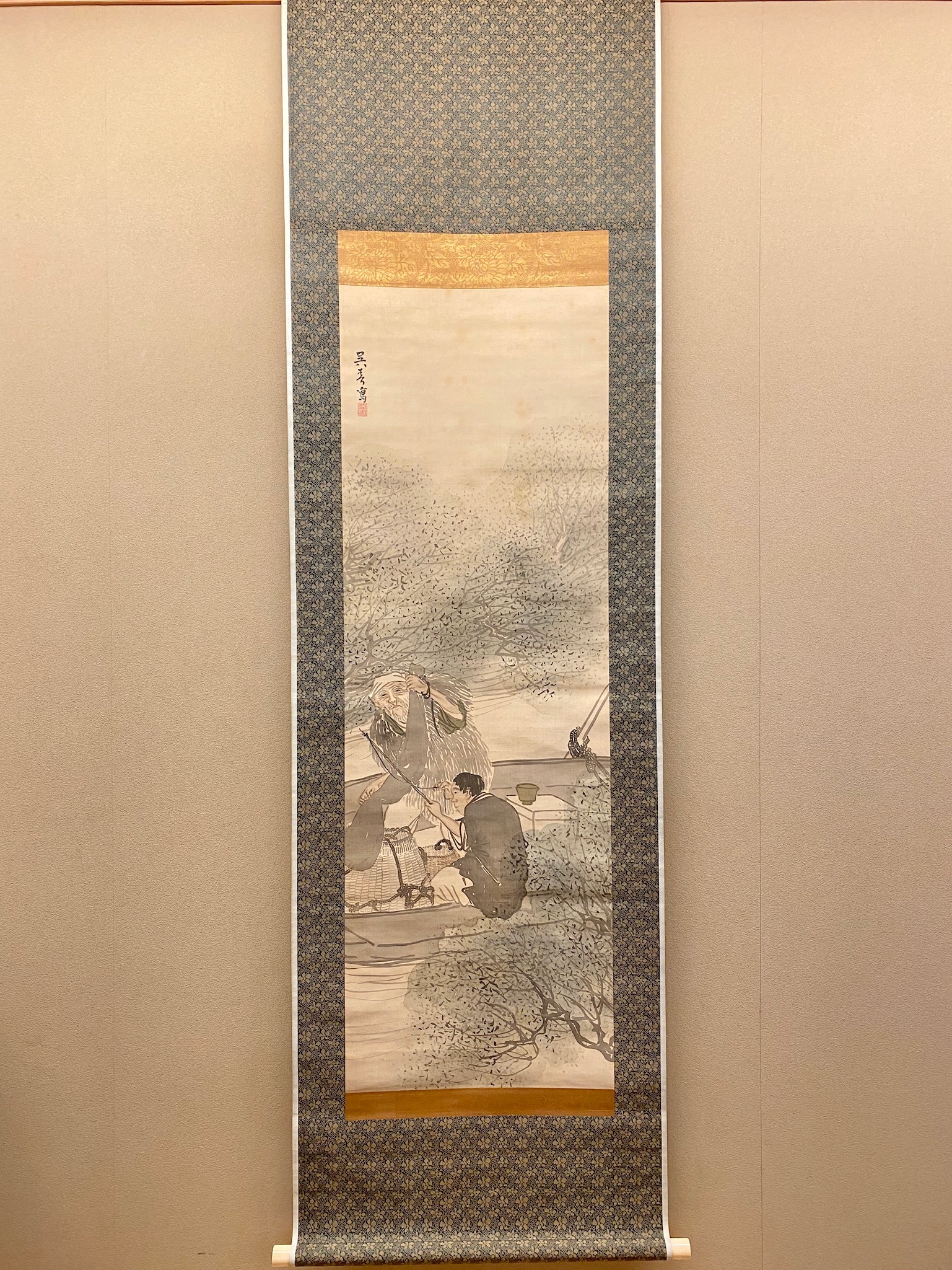 松村景文自筆『月に菊図』横物掛軸 江戸後期 - 絵画/タペストリ