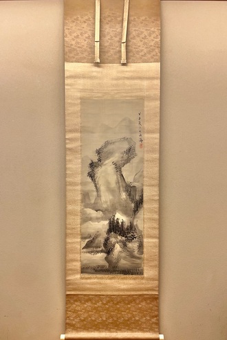 【模写】大軸掛軸 巨匠谷文晁 作『青緑山水図』日本画 絹本 肉筆 掛け軸 骨董品